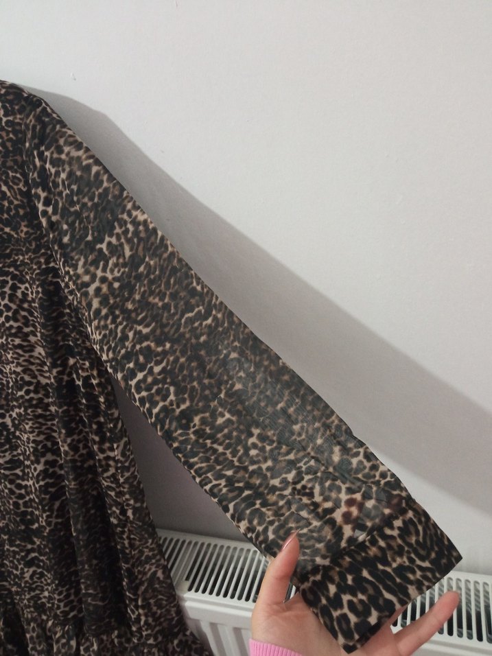 Bohem Tarz Kahverengi Leopar Desenli Uzun Kollu Elbise - Görsel 3