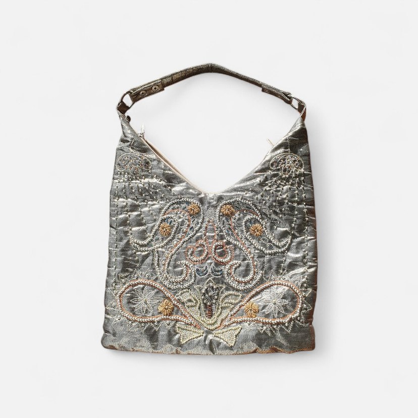 Gold Boncuk İşlemeli Kumaş Çanta | Kullanılmamış - Görsel 3