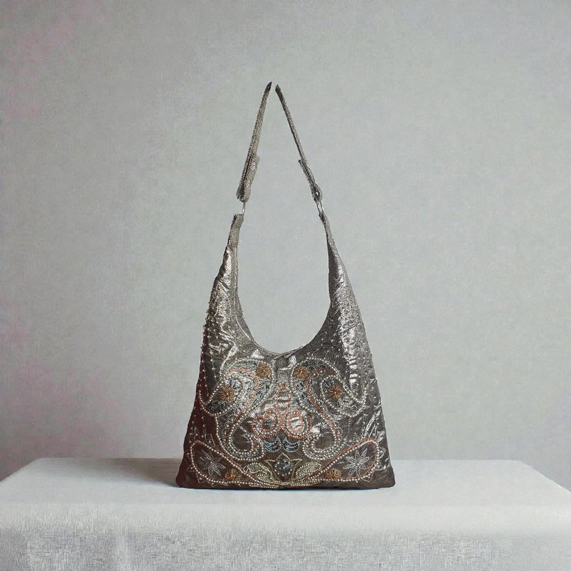 Gold Boncuk İşlemeli Kumaş Çanta | Kullanılmamış - Görsel 2