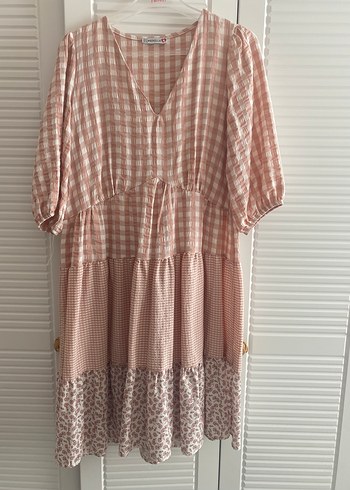 Bohem Pembe Midi Elbise V Yakalı