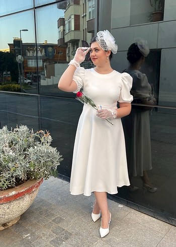 Diğer Kisa Kollu Midi Beyaz Parisian Nikah Elbisesi