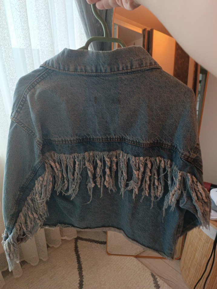 Gri Bağlama Desenli Denim Ceket - Görsel 2