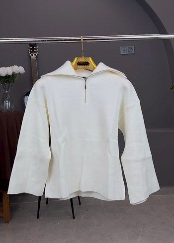 Beyaz rengi Fermuarlı Geniş Kol Triko Kazak - Görsel 2