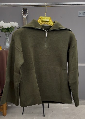 Haki rengi Fermuarlı Geniş Kol Triko Kazak - Görsel 2