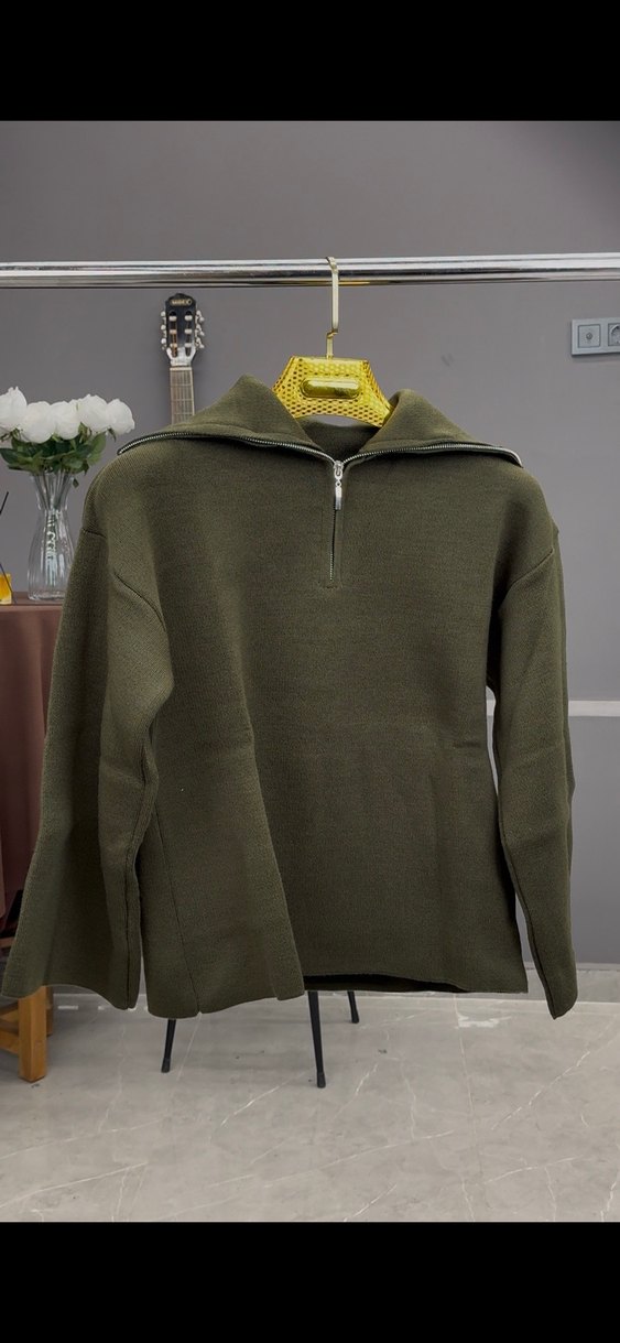 Haki rengi Fermuarlı Geniş Kol Triko Kazak - Görsel 2