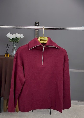 Bordo Yarım Fermuarlı Yüksek Yaka Kadın kazak - Görsel 2