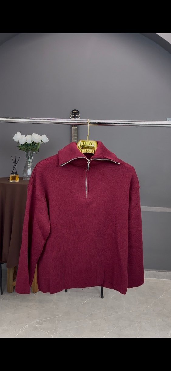 Bordo Yarım Fermuarlı Yüksek Yaka Kadın kazak - Görsel 2