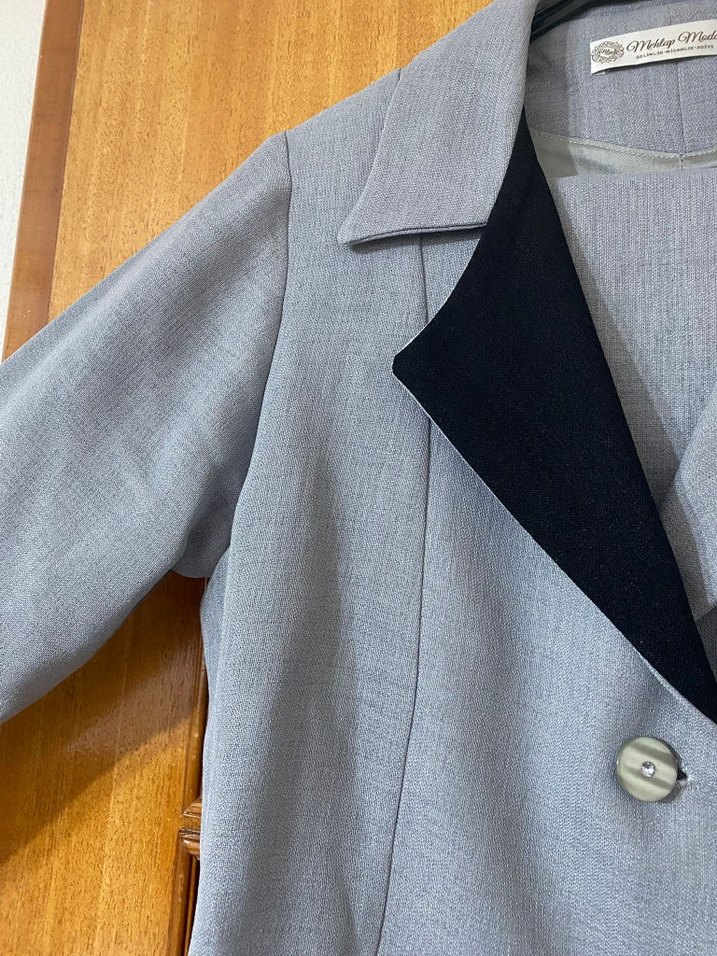 Düğmeli Gri Keten Kadın Takım Elbise - Görsel 2