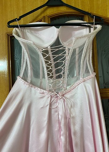 Pembe Drapeli Uzun Straplez Kadın Abiye - Görsel 3