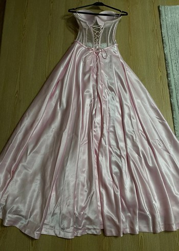 Pembe Drapeli Uzun Straplez Kadın Abiye - Görsel 2