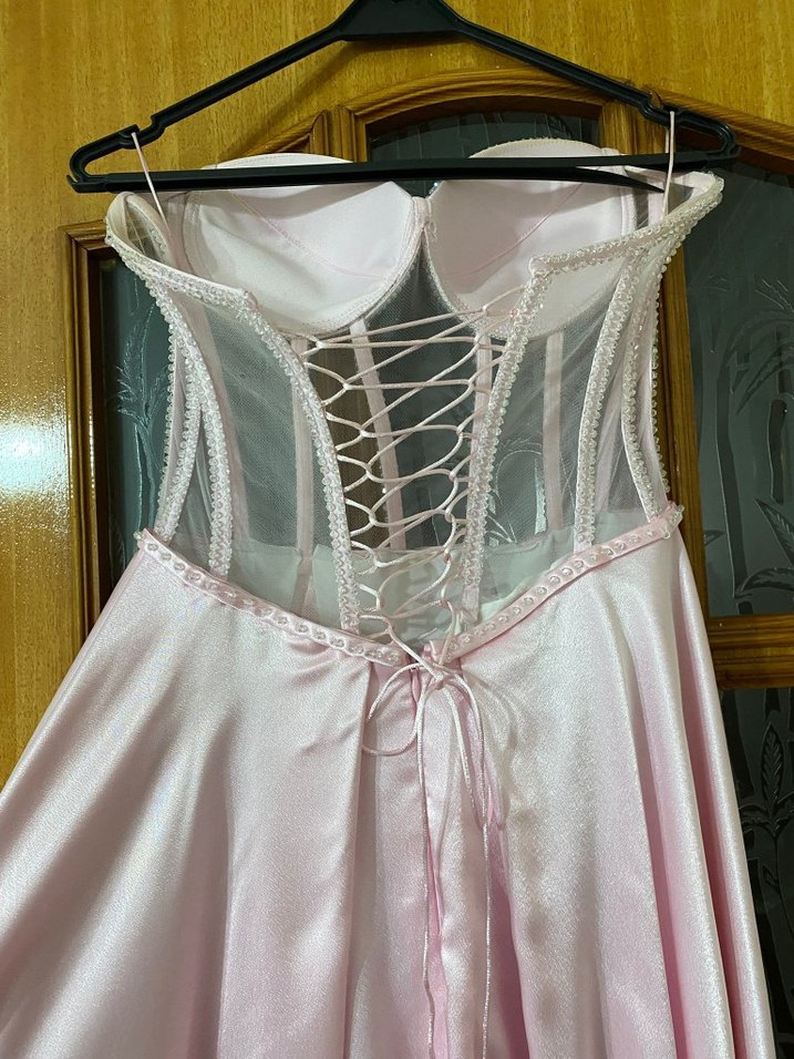 Pembe Drapeli Uzun Straplez Kadın Abiye - Görsel 3