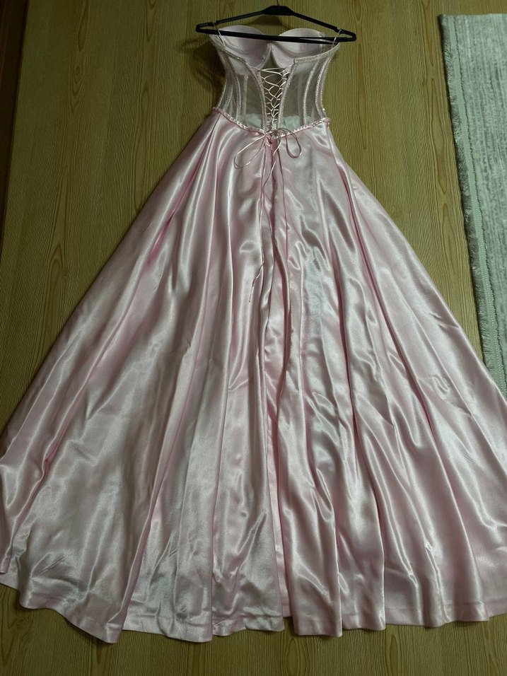 Pembe Drapeli Uzun Straplez Kadın Abiye - Görsel 2