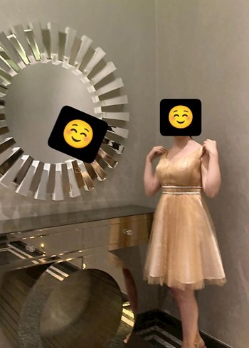 Parlak Altın Midi Elbise, V Yaka, Kemerli - Görsel 2