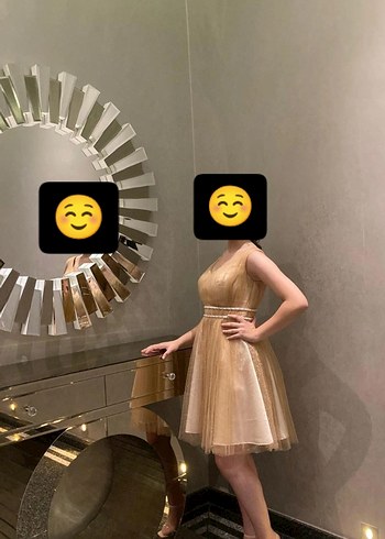 Parlak Altın Midi Elbise, V Yaka, Kemerli - Görsel 3