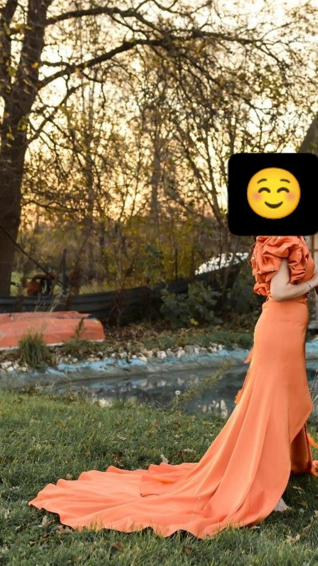 Turuncu Drapeli Straplez Uzun Abiye - Görsel 2