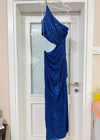 Parlak Saks Mavi Drapeli Payetli Uzun Abiye Elbise - Görsel 2