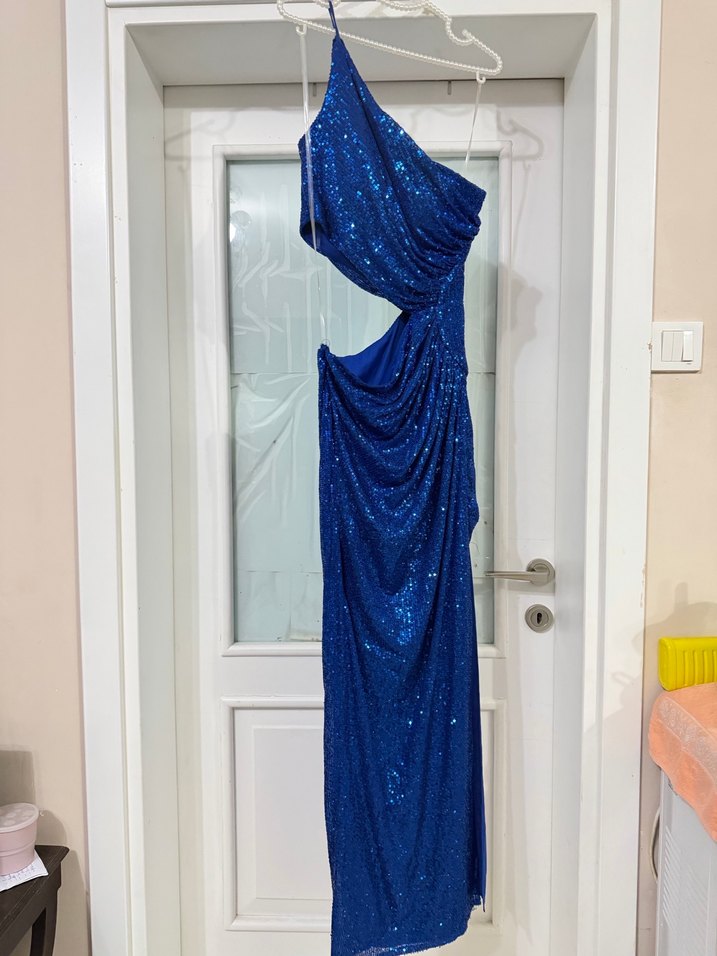 Parlak Saks Mavi Drapeli Payetli Uzun Abiye Elbise - Görsel 2
