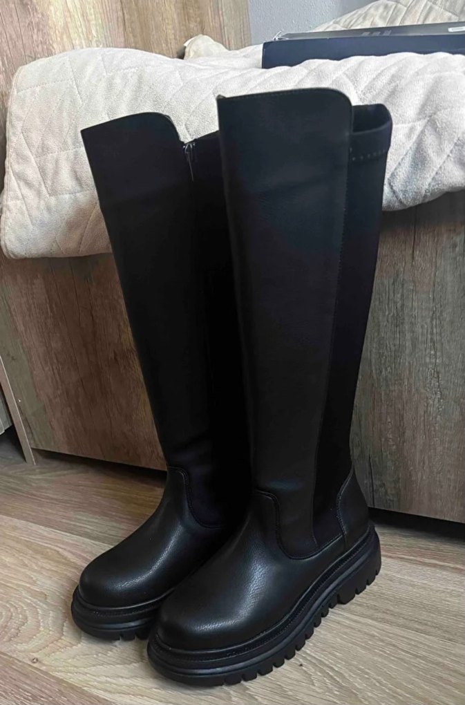 Siyah Kadın Dizüstü Lastik Topuklu Çizme - Görsel 2