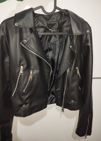 Kadın Siyah Deri Biker Ceket - Görsel 3