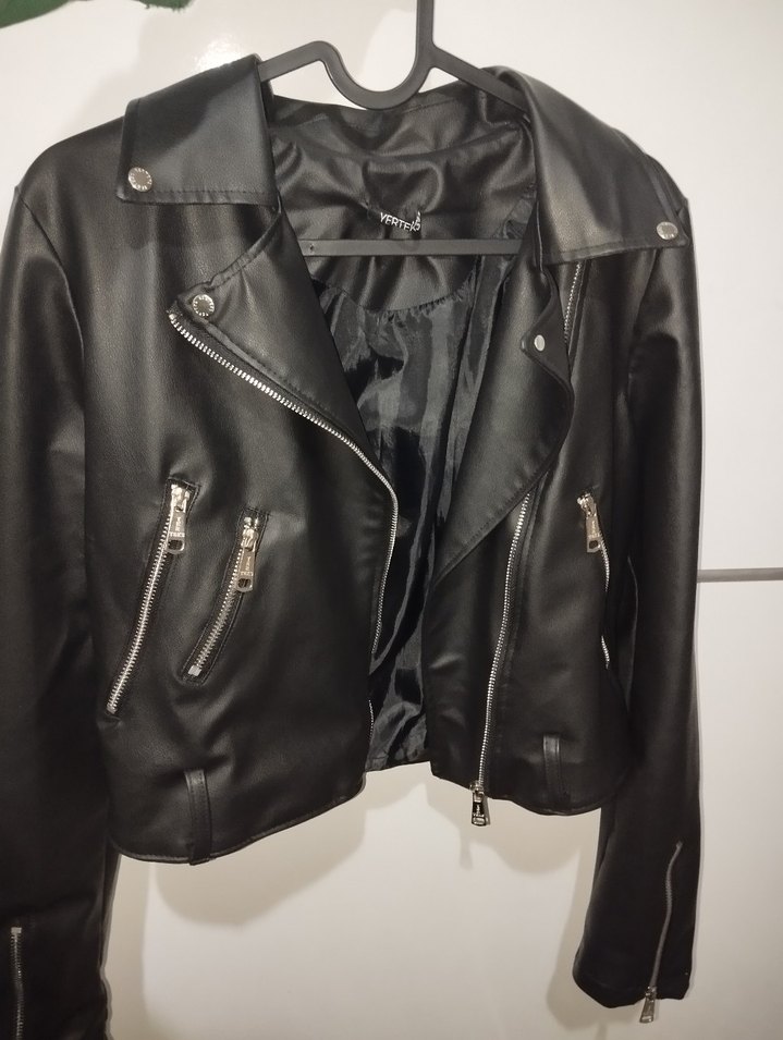 Kadın Siyah Deri Biker Ceket - Görsel 3