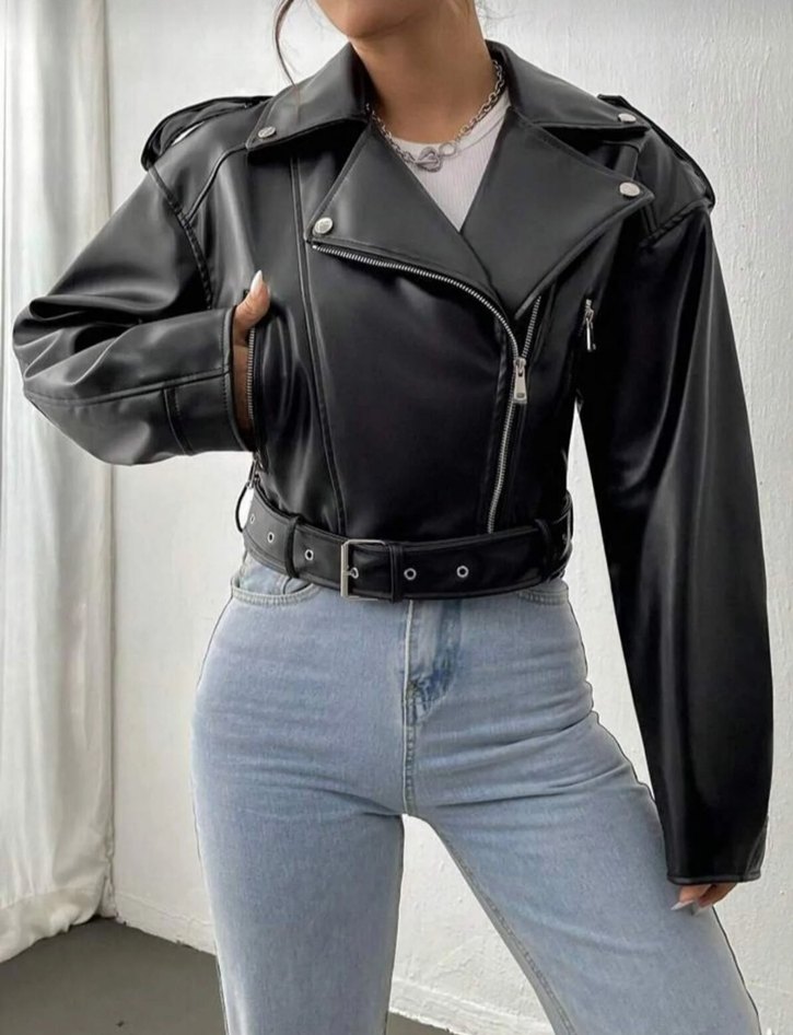 Kadın Siyah Deri Biker Ceket - Görsel 2