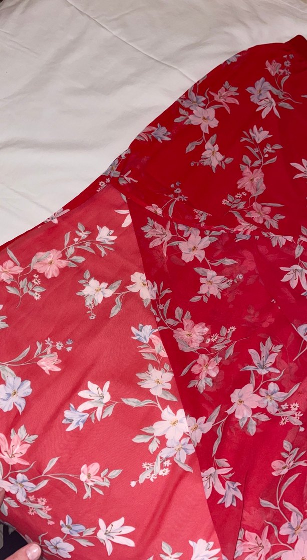 Kırmızı Çiçek Desenli Uzun tül Etek - Görsel 2