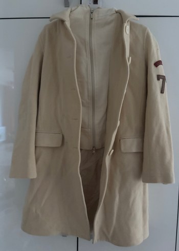 Bej Midi Kadın Kaban Düğmeli ve Kapüşonlu - Görsel 2