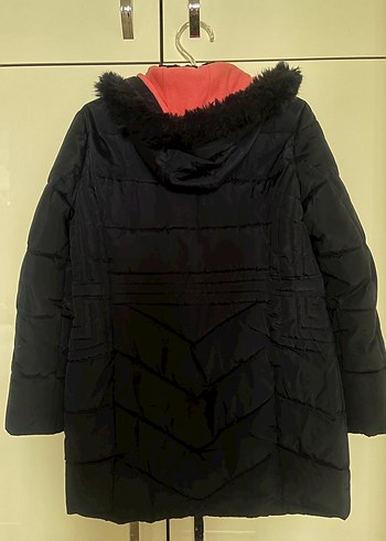 Lacivert kız çocuk Midi Kaban, Kürklü Kapüşonlu - Görsel 2