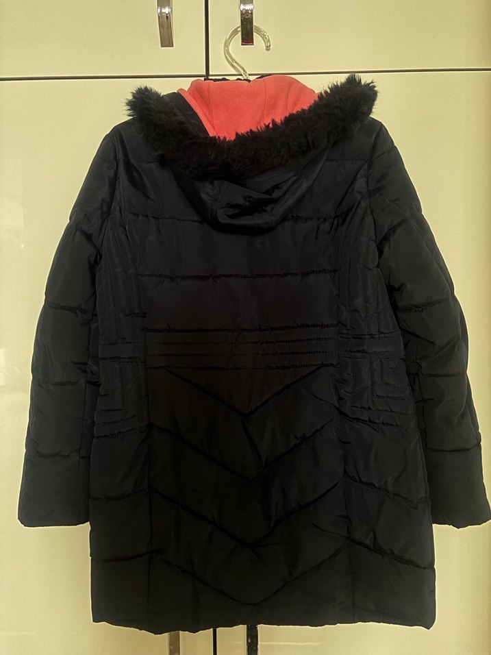 Lacivert kız çocuk Midi Kaban, Kürklü Kapüşonlu - Görsel 2