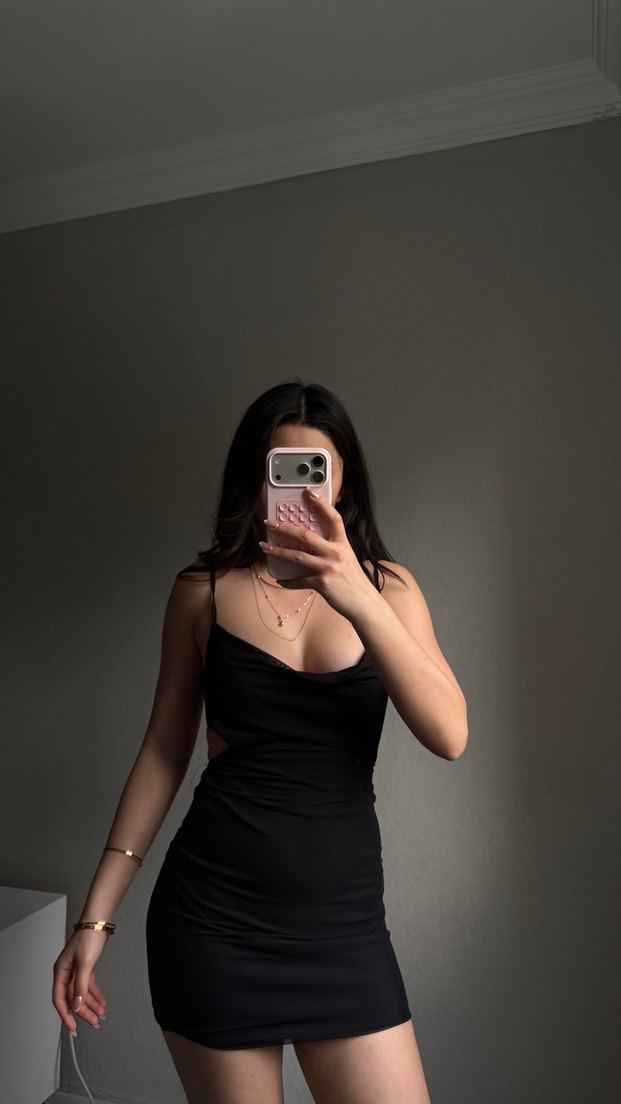 Siyah Straplez Saten Mini Elbise - Görsel 3