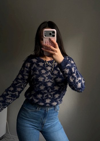 Uzun Kollu Mavi Batik Desenli Triko Kazak - Görsel 2