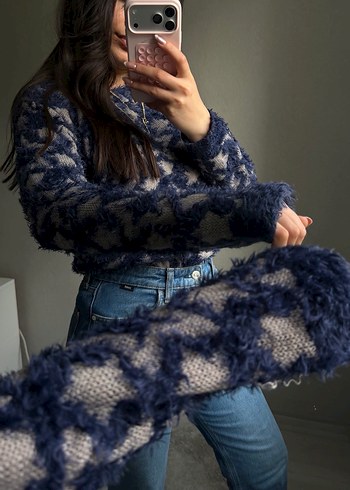 Uzun Kollu Mavi Batik Desenli Triko Kazak - Görsel 3