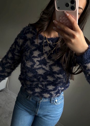 Uzun Kollu Mavi Batik Desenli Triko Kazak - Görsel 7