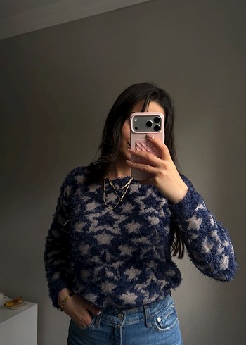 Uzun Kollu Mavi Batik Desenli Triko Kazak - Görsel 4