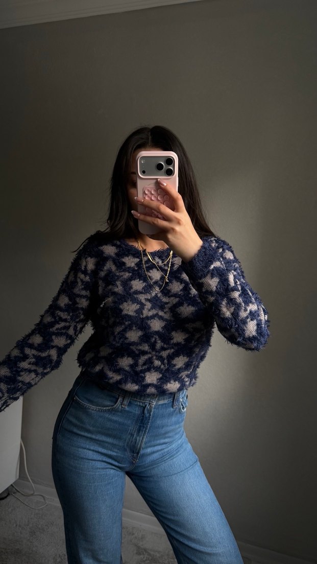 Uzun Kollu Mavi Batik Desenli Triko Kazak - Görsel 2