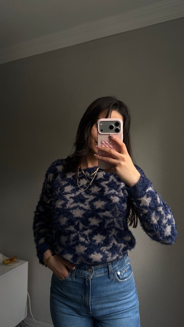 Uzun Kollu Mavi Batik Desenli Triko Kazak - Görsel 4