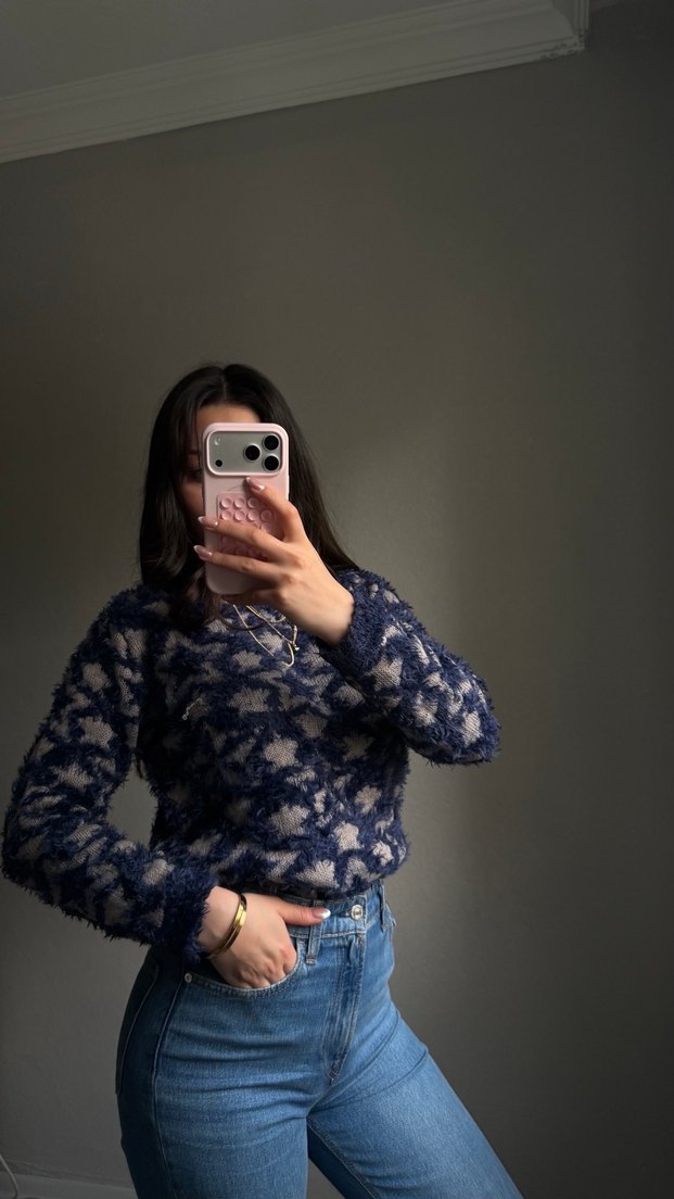 Uzun Kollu Mavi Batik Desenli Triko Kazak - Görsel 5