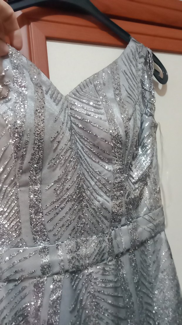 Gri Yılan Desenli Uzun Abiye Elbise - Görsel 5