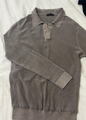 Gri Erkek Keten Uzun Kollu Polo Tişört - Görsel 2
