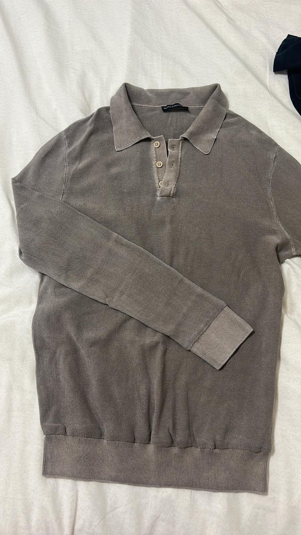 Gri Erkek Keten Uzun Kollu Polo Tişört - Görsel 2