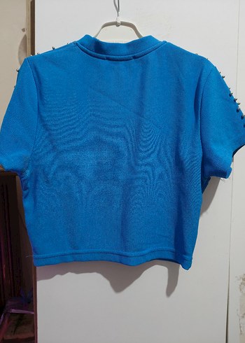 Boncuk Detaylı Kısa Kollu Mavi Mini Tişört - Görsel 2