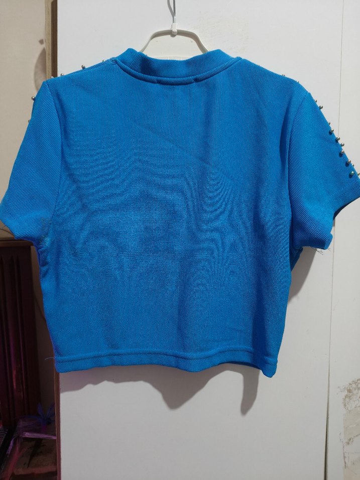 Boncuk Detaylı Kısa Kollu Mavi Mini Tişört - Görsel 2