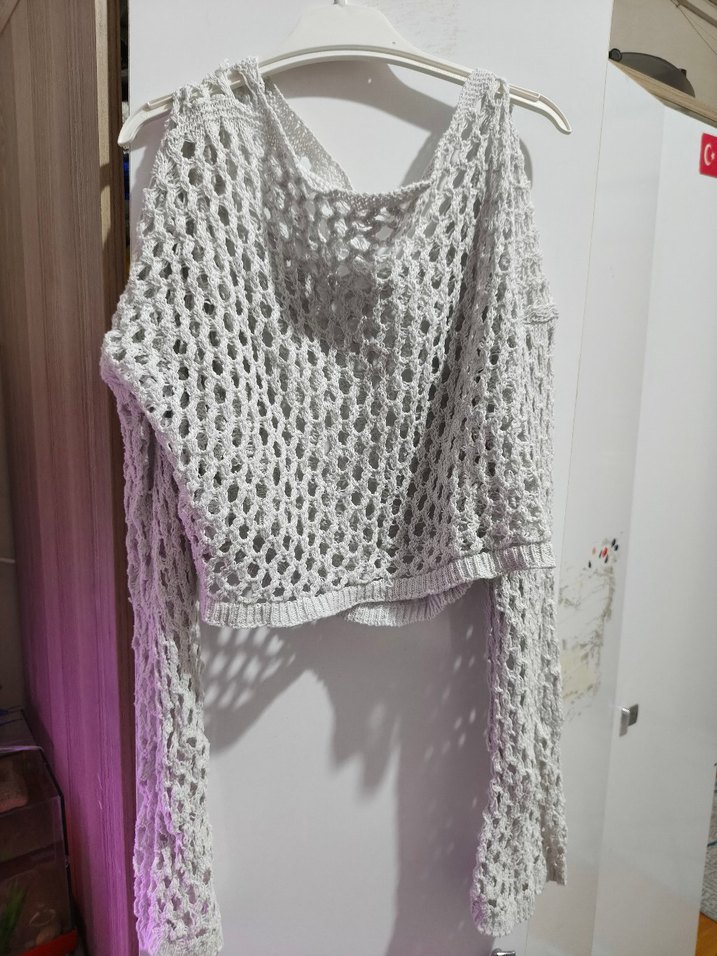 Bohem V Yaka Beyaz Örgü Kadın Kazak - Görsel 2