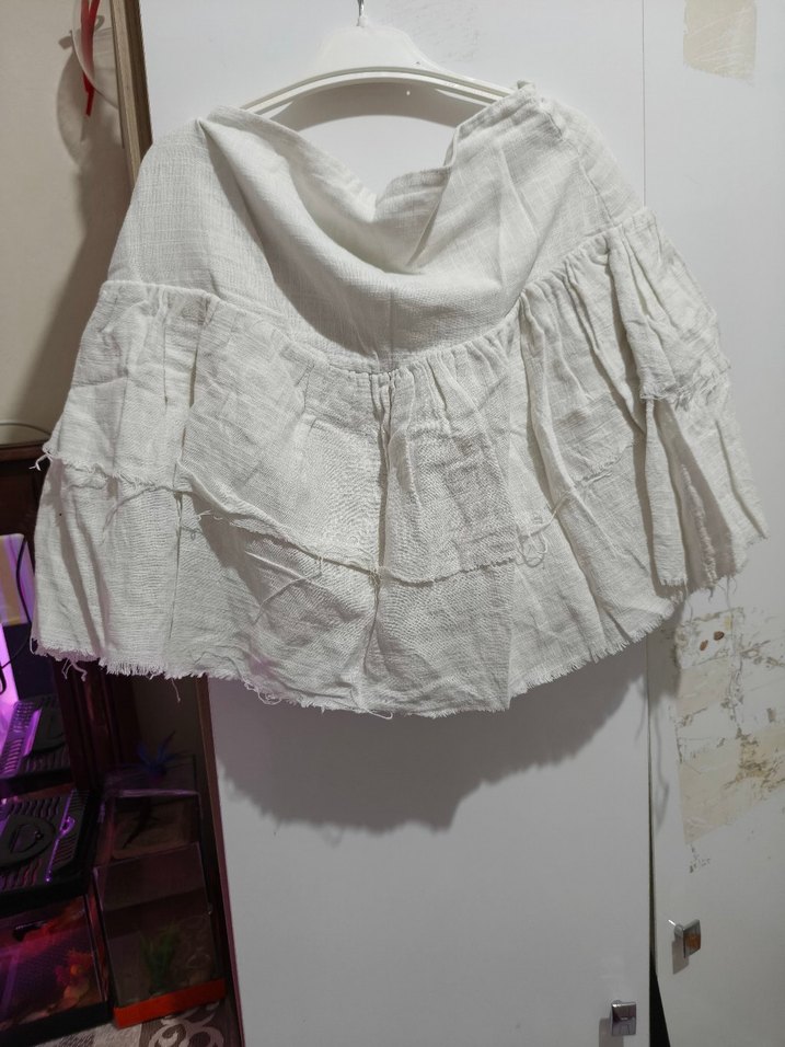 Beyaz Keten Mini Etek Fırfırlı Bohem - Görsel 2