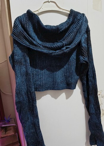 kadın lacivert uzun kollu kapşonlu crop - Görsel 2