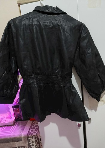 Kadın Siyah Deri Kemerli Biker Ceket - Görsel 2