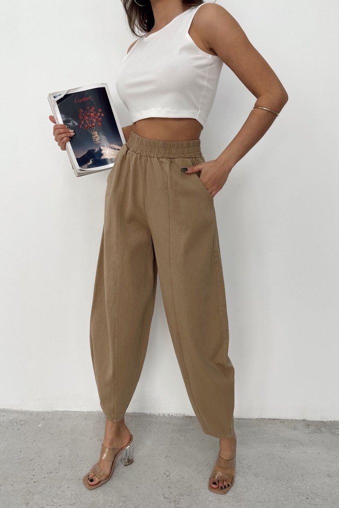 Bej/Camel Kadın Rahat Kesim Boyfriend Pantolon Şalvar - Görsel 4