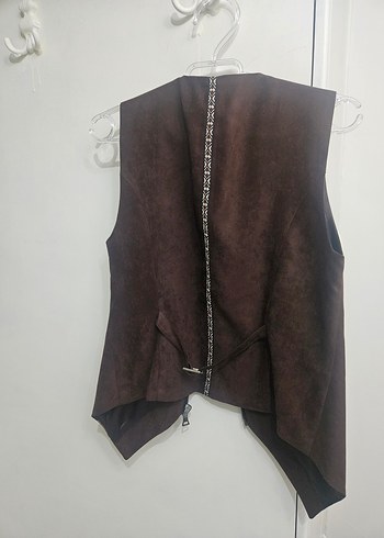 Kahverengi Deri Kemerli Kolsuz Kadın Yelek - Görsel 2