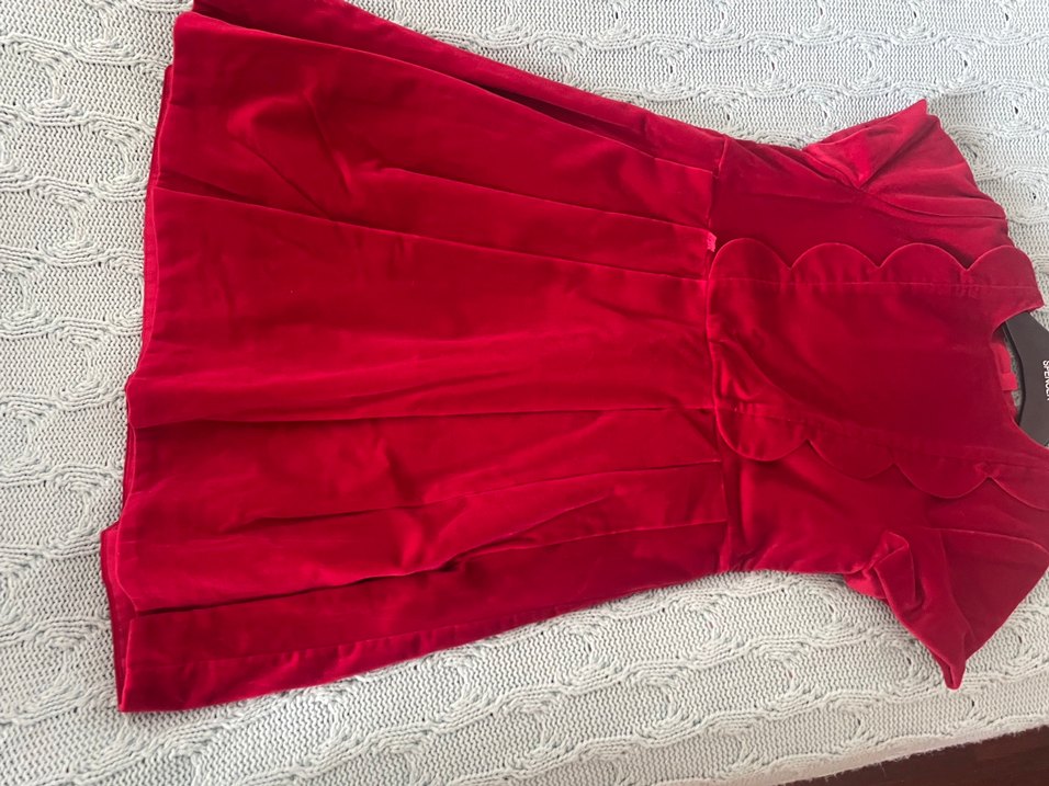 Düz kırmızı kadife Kısa Kollu Fırfırlı Kız Çocuk Elbisesi - Görsel 2