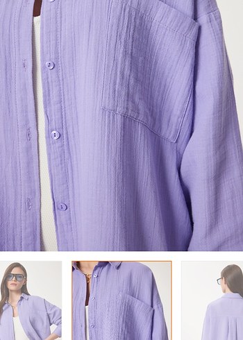 Mor V Yaka Pamuklu Gömlek - Görsel 2